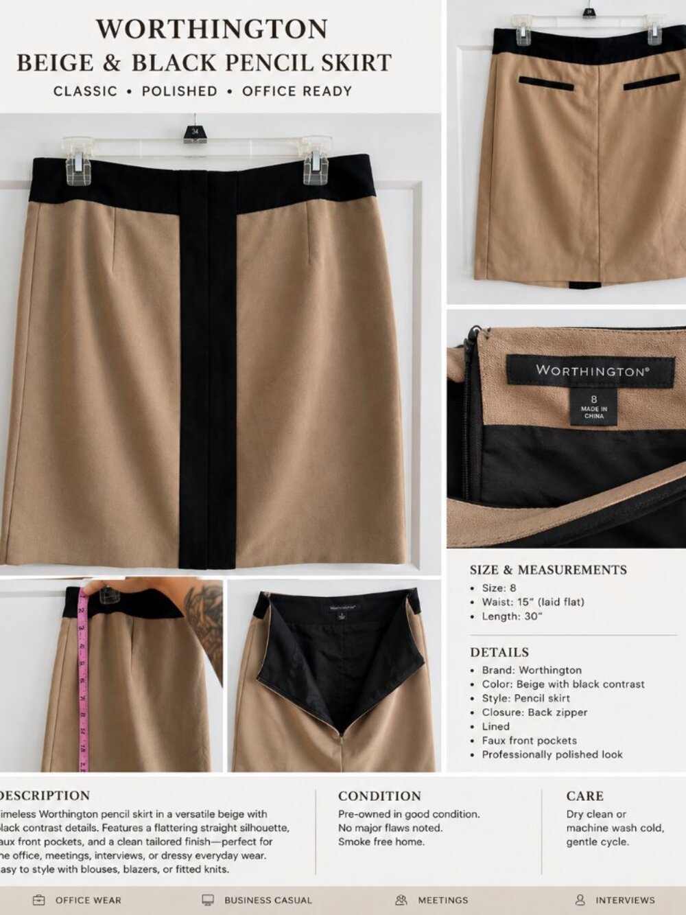 Worthington Beige & Black Colorblock Pencil Skirt Size 8 Career Office